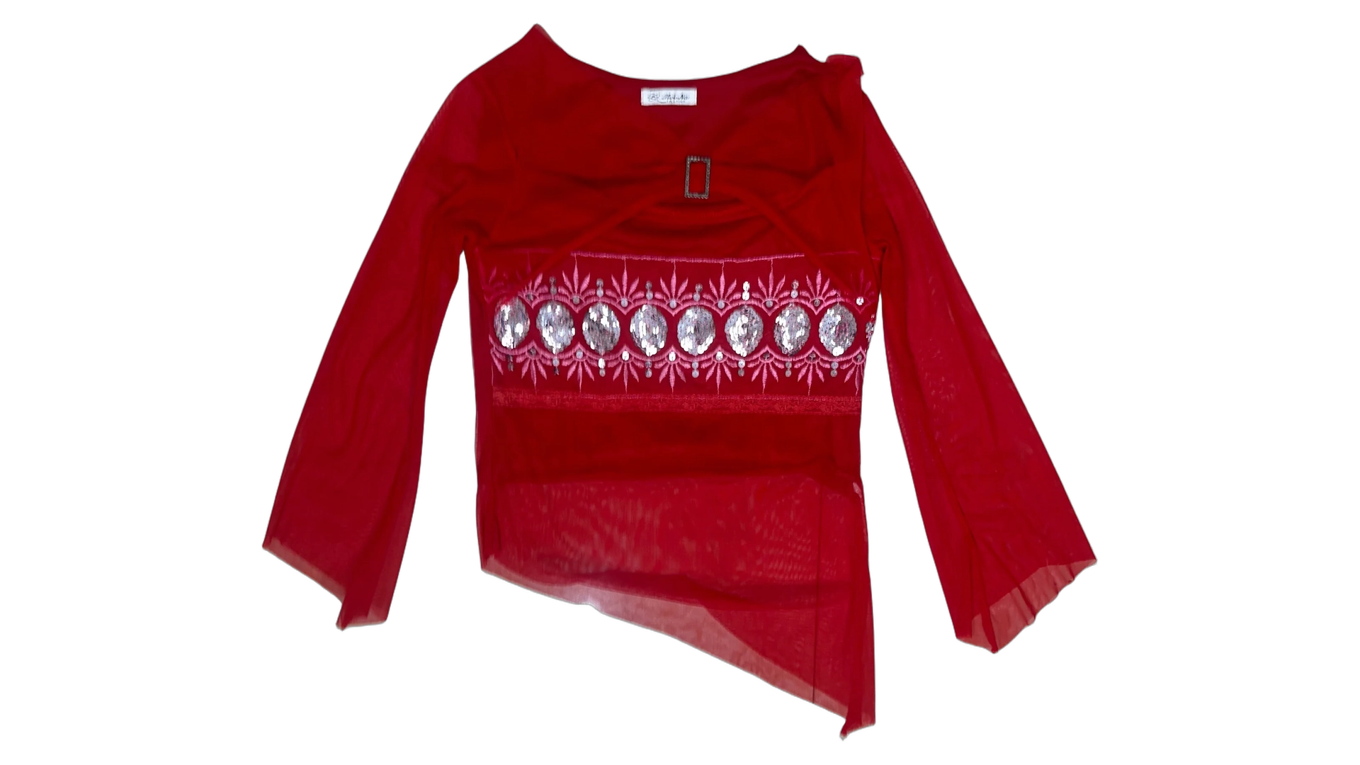 FNK446 Y2K Mei Na Red Mesh Top with Sequin & Rhinestone Buckle - Image 1