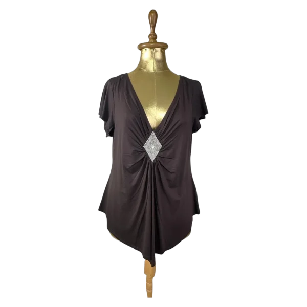Y2K V-Neck Draped Top with Silver Rhinestone Embellishment
