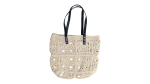 Cream Crochet Tote with Navy Handles