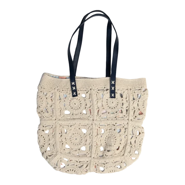 Cream Crochet Tote with Navy Handles