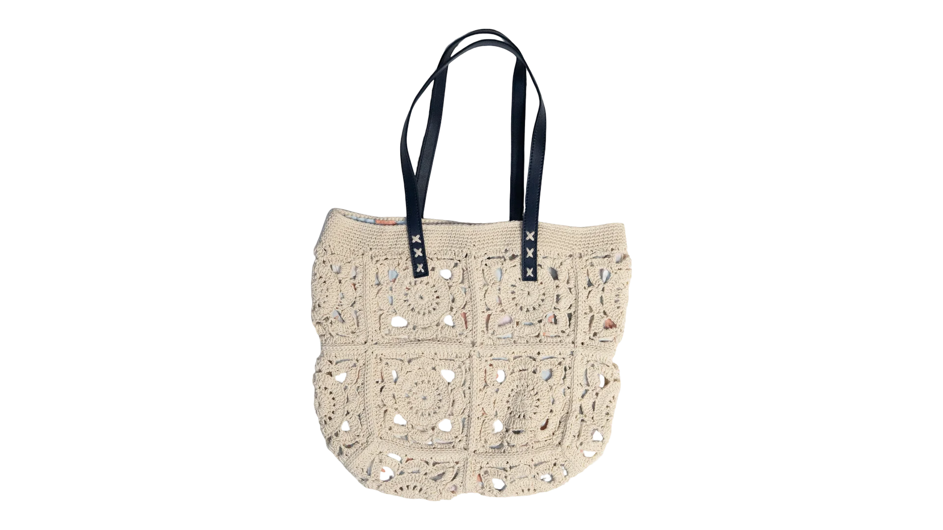 85 DSC02160 85 Cream Crochet Tote with Navy Handles - Image 1