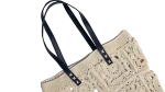 Cream Crochet Tote with Navy Handles - Image 3
