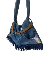 Upcycled Denim Jeans Shoulder Bag with Braided Belt and Lace Trim - Image 2