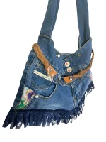 Upcycled Denim Jeans Shoulder Bag with Braided Belt and Lace Trim - Image 3