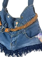 Upcycled Denim Jeans Shoulder Bag with Braided Belt and Lace Trim - Image 4
