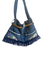 Upcycled Denim Jeans Shoulder Bag with Braided Belt and Lace Trim - Image 5