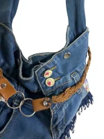 Upcycled Denim Jeans Shoulder Bag with Braided Belt and Lace Trim - Image 6