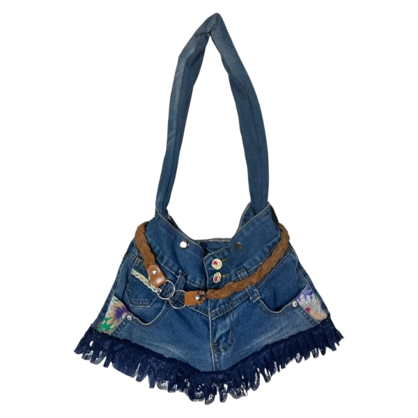 Upcycled Denim Jeans Shoulder Bag with Braided Belt and Lace Trim
