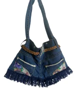 Upcycled Denim Jeans Shoulder Bag with Braided Belt and Lace Trim - Image 7
