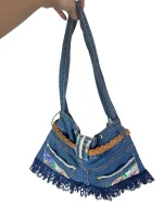 Upcycled Denim Jeans Shoulder Bag with Braided Belt and Lace Trim - Image 8