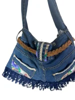 Upcycled Denim Jeans Shoulder Bag with Braided Belt and Lace Trim - Image 9