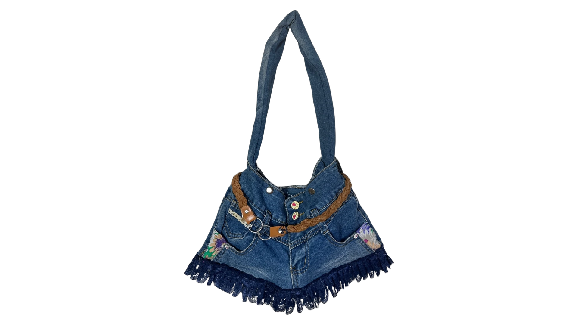 FNK532 Upcycled Denim Jeans Shoulder Bag with Braided Belt and Lace Trim - Image 1