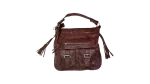 Genuine Leather Shoulder Bag with Front Buckle Pockets and Side Tassels