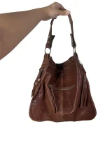 Genuine Leather Shoulder Bag with Front Buckle Pockets and Side Tassels - Image 4