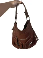Genuine Leather Shoulder Bag with Front Buckle Pockets and Side Tassels - Image 5