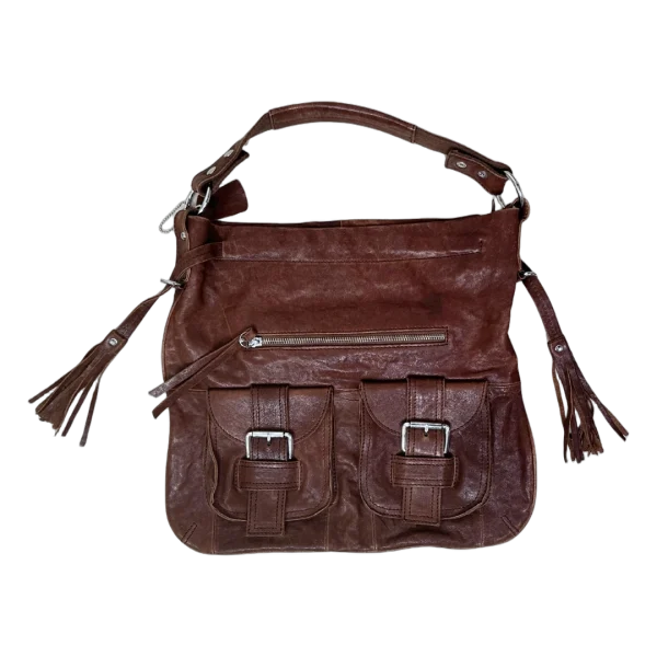 Genuine Leather Shoulder Bag with Front Buckle Pockets and Side Tassels