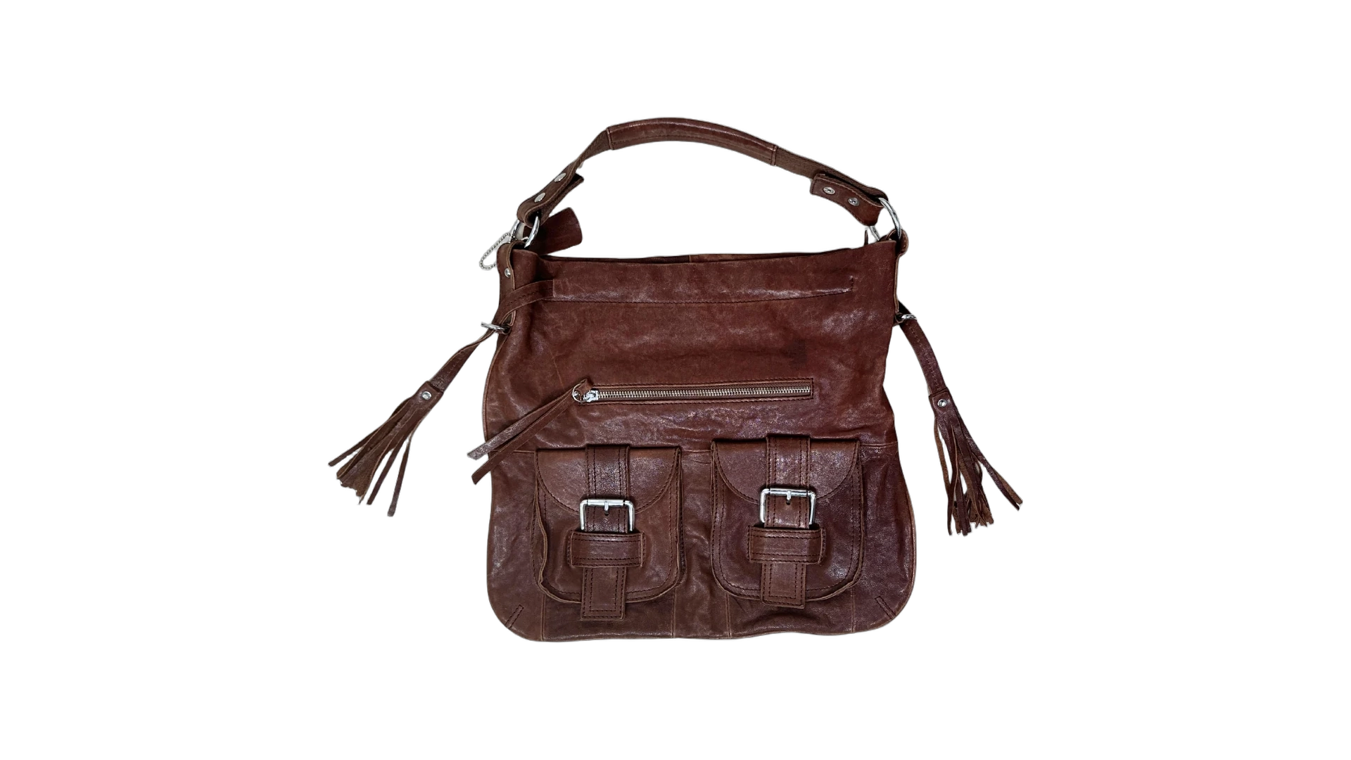 FNK536 Genuine Leather Shoulder Bag with Front Buckle Pockets and Side Tassels - Image 1