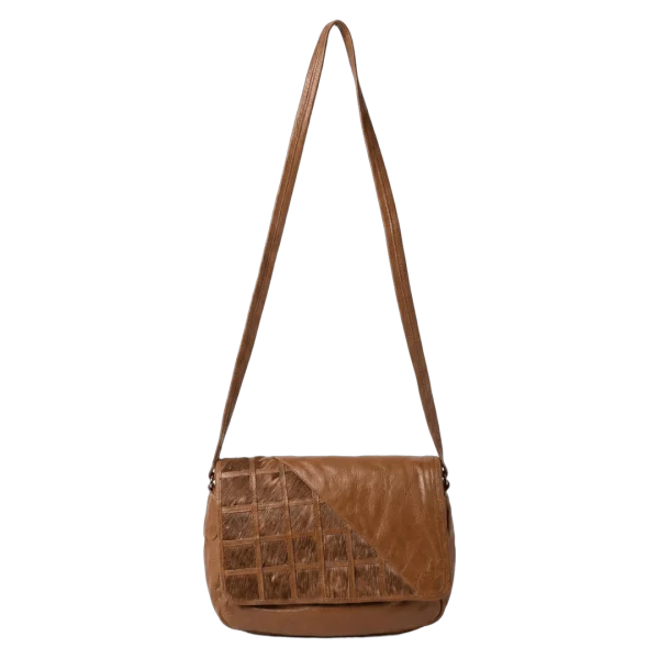 Tan Leather Messenger Crossbody Bag w/ Hair-On Cowhide Panel