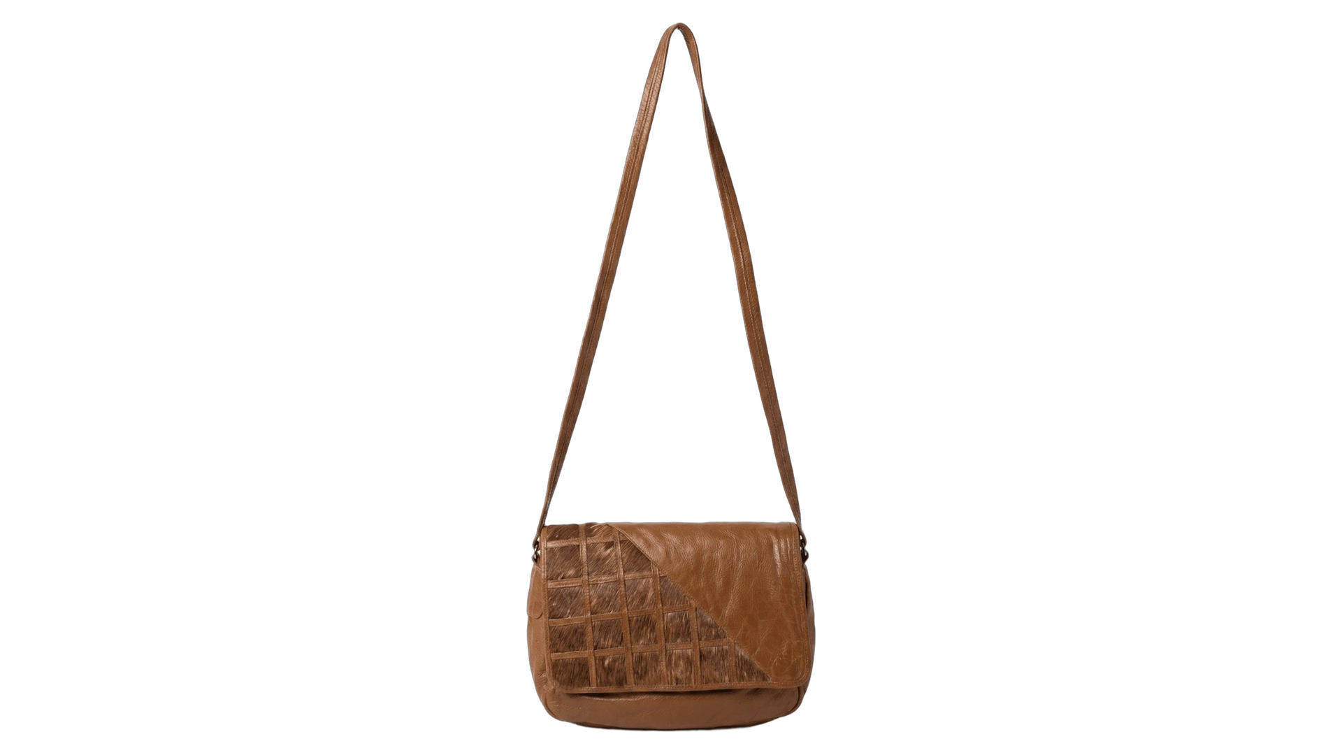 FNK539 Tan Leather Messenger Crossbody Bag w/ Hair-On Cowhide Panel - Image 1