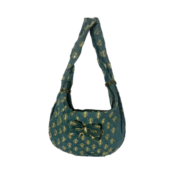 Y2K Distressed Denim Mini Shoulder Bag with Bow Detail