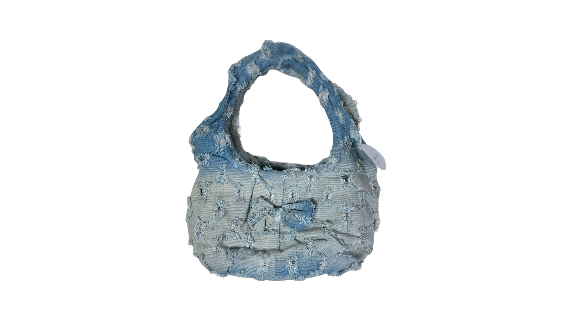 FNK545 Y2K Light Wash Distressed Denim Mini Bag with Bow Detail - Image 1