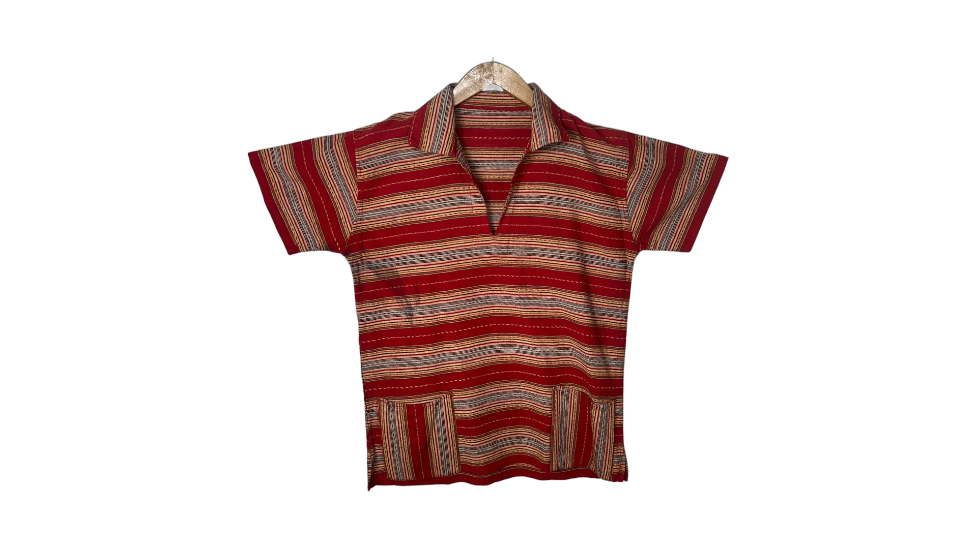 FNK593 Red Striped Woven Polo Shirt with Front Pockets - Image 1