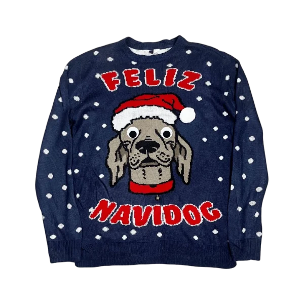 Feliz Navidog Christmas Sweater with a Jingle Bell