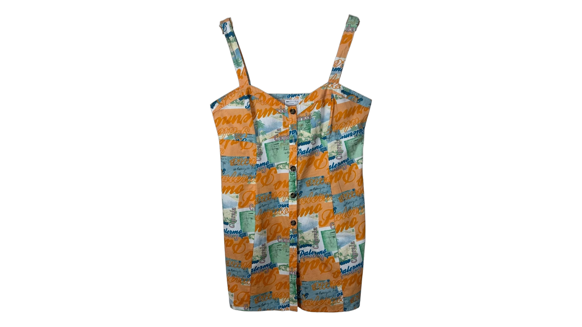 FNK665 Asos Design Twill Postcard Print Mini Dress - UK 12/ - Image 1