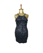 Black Sequin Swirl Bodycon Halter Neck Dress - Image 2