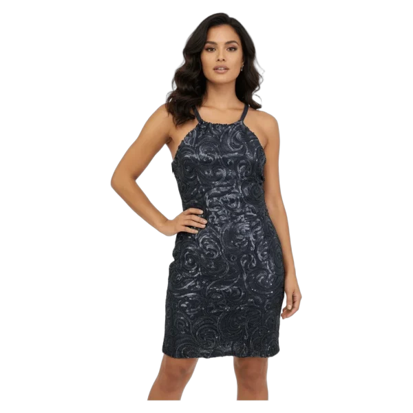 Black Sequin Swirl Bodycon Halter Neck Dress
