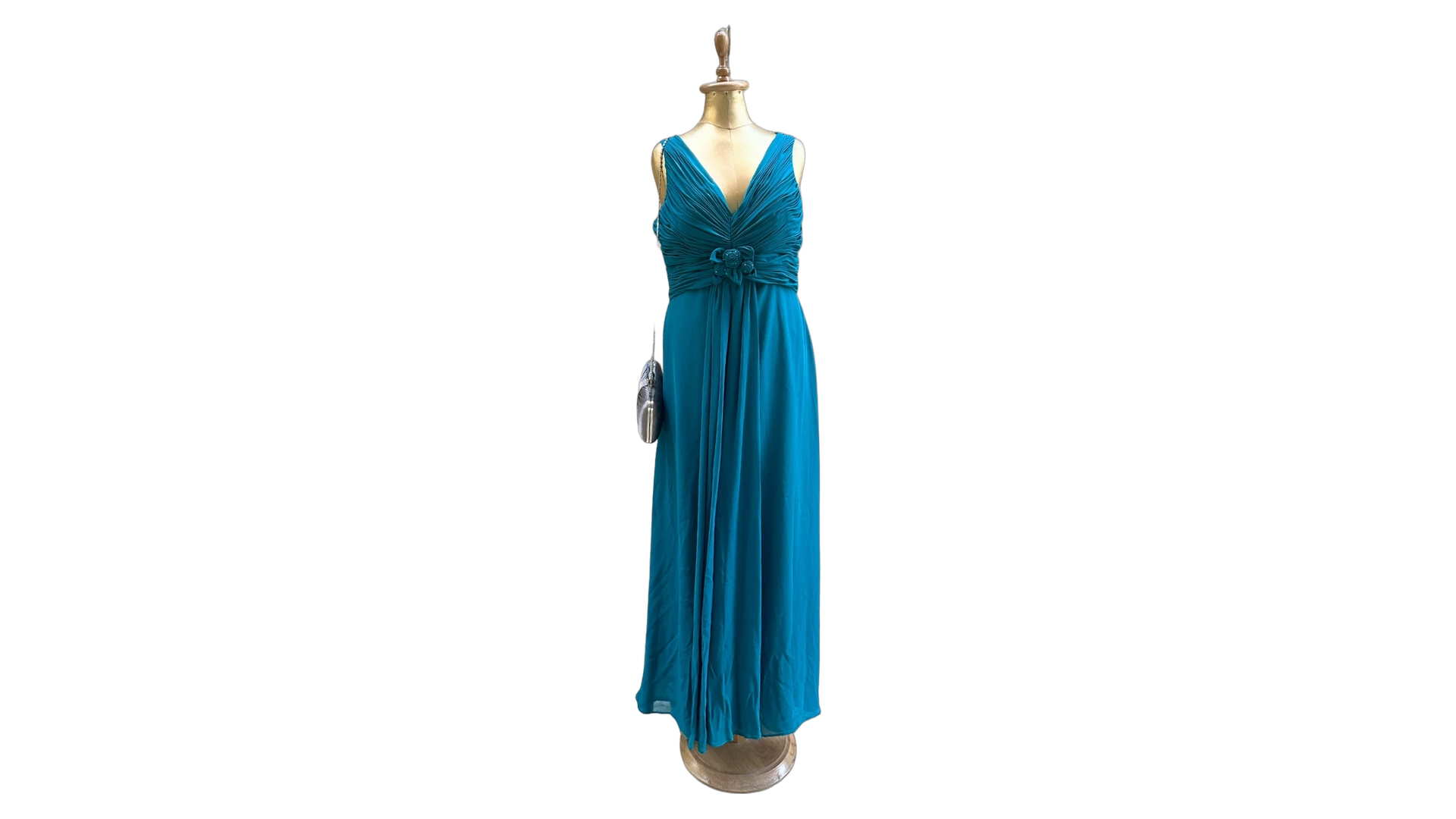 FNK668 Crystal Breeze Teal Ruched V-Neck Maxi Dress - Image 1