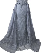 Lavender Embellished Mesh Gown with 3D Floral Appliqué & Flowing Train - Image 9