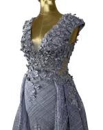 Lavender Embellished Mesh Gown with 3D Floral Appliqué & Flowing Train - Image 10
