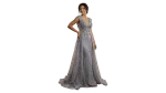 Lavender Embellished Mesh Gown with 3D Floral Appliqué & Flowing Train