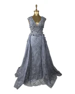 Lavender Embellished Mesh Gown with 3D Floral Appliqué & Flowing Train - Image 2