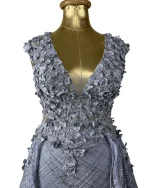 Lavender Embellished Mesh Gown with 3D Floral Appliqué & Flowing Train - Image 3