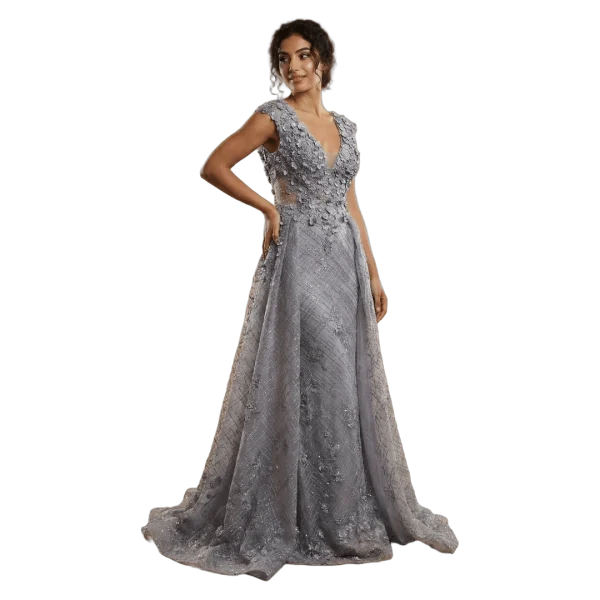 Lavender Embellished Mesh Gown with 3D Floral Appliqué & Flowing Train