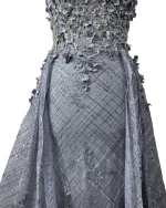 Lavender Embellished Mesh Gown with 3D Floral Appliqué & Flowing Train - Image 7