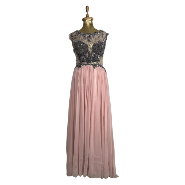 Pink Evening Gown with Sheer Beaded Bodice & Back