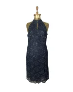 Precis Petite Navy Lace & Sequin High-Neck Keyhole Cocktail Dress - Image 2