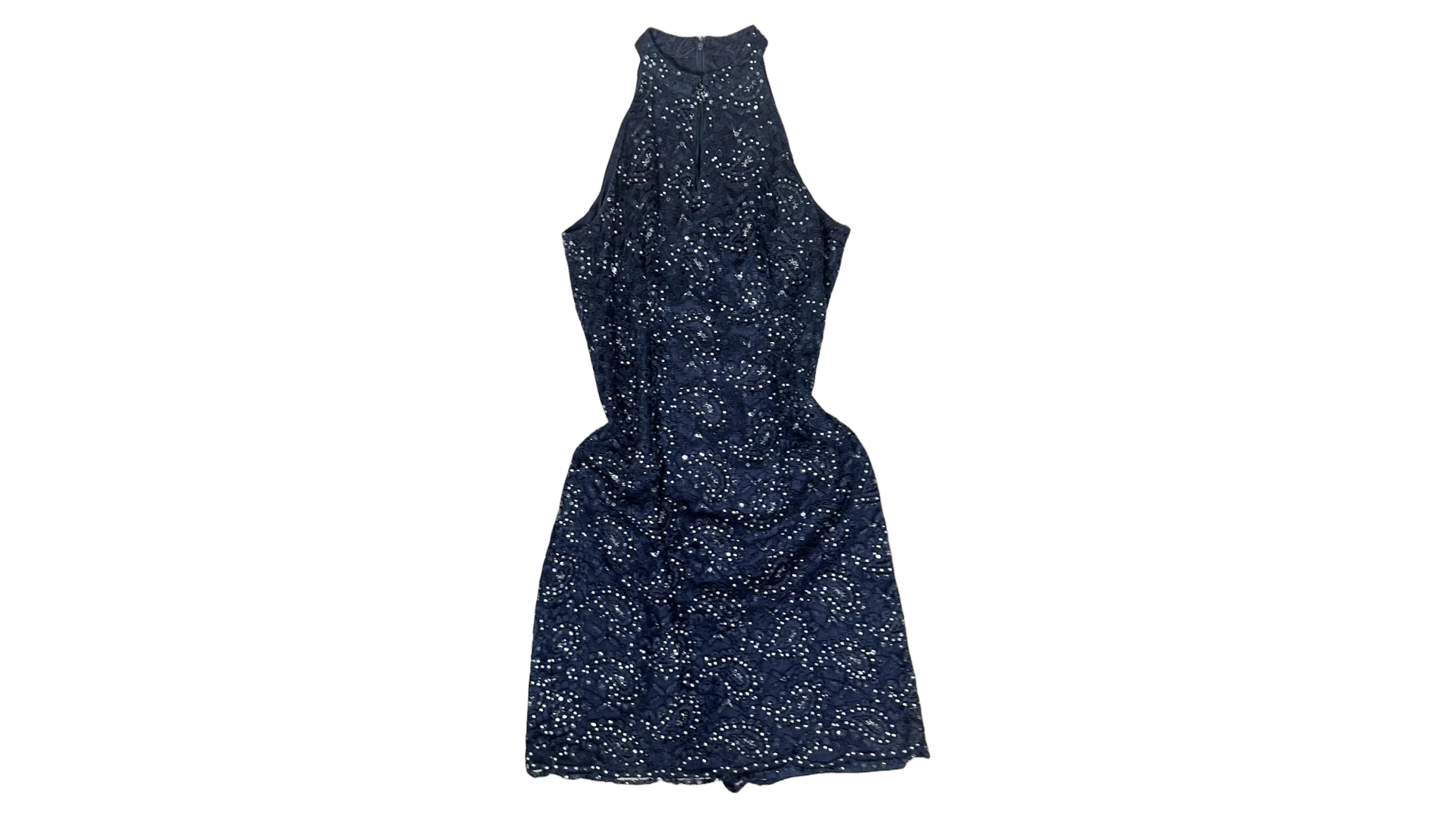 FNK683 Precis Petite Navy Lace & Sequin High-Neck Keyhole Cocktail Dress - Image 1