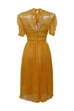 Self-Portrait Mustard Cold-Shoulder Chiffon Pleated Dress - Image 2