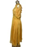 Self-Portrait Mustard Cold-Shoulder Chiffon Pleated Dress - Image 4
