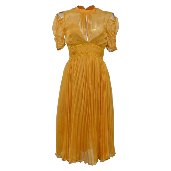 Self-Portrait Mustard Cold-Shoulder Chiffon Pleated Dress