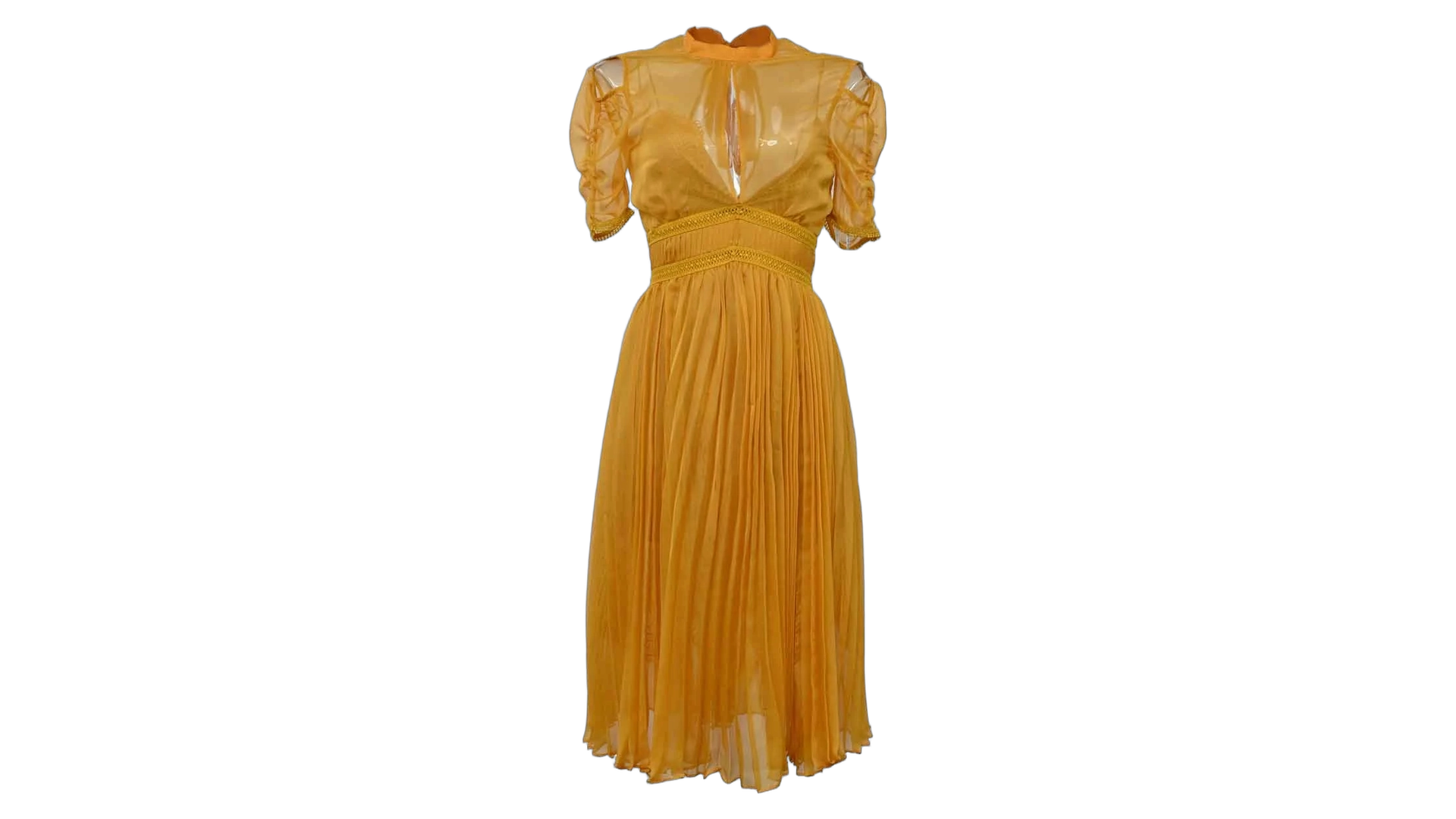FNK686 Self-Portrait Mustard Cold-Shoulder Chiffon Pleated Dress - Image 1